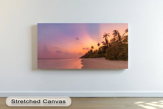 Realistic detail highlights the stunning Golden Sunset Beach Scene landscape canvas wall decor, capturing the serene palm trees and soft sand of this canvas print.