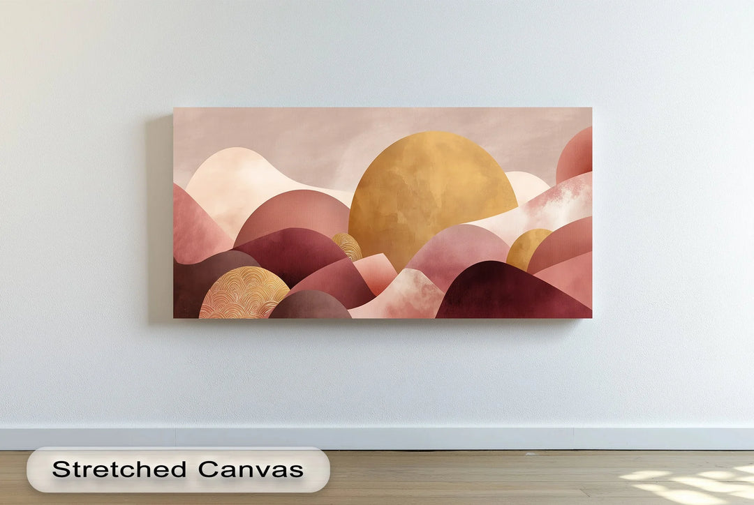 Abstract sunset canvas print with warm earth tones and golden sun design

