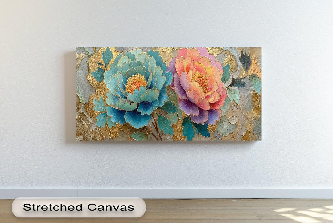 Blue and pink peony canvas print with gold textured background for elegant home decor

