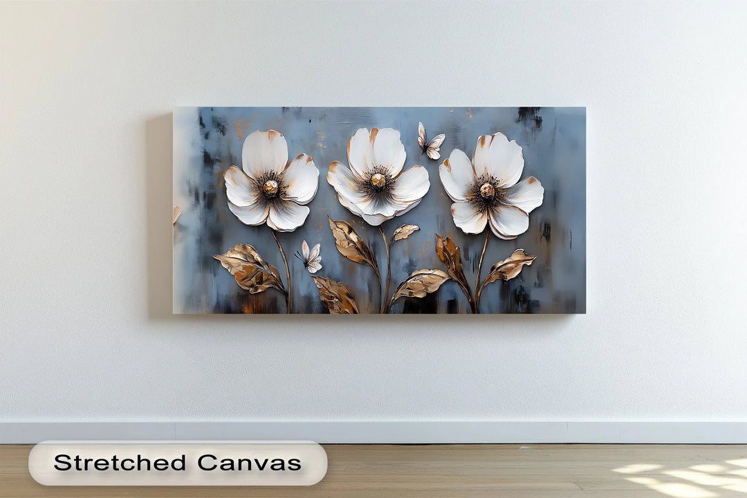 Golden Grace – White Floral Wall Art on Blue Canvas Print - MyPhotoStation