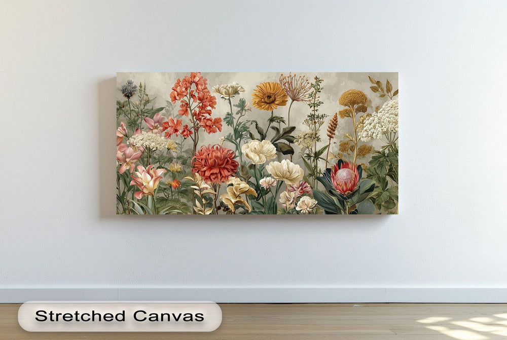 Lush garden inspired canvas art with detailed flowers and natural green foliage

