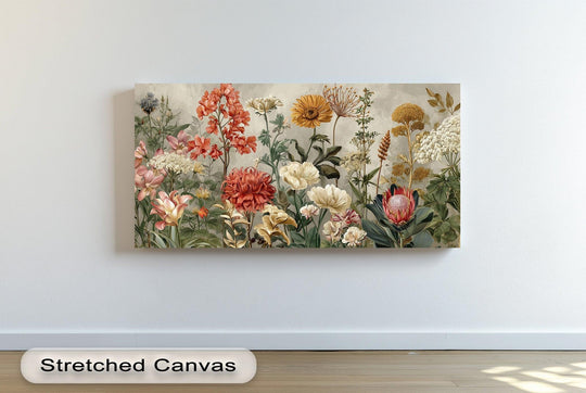 High-quality canvas pictures bring to life the lush Garden Reverie botanical print with its detailed rendering of vintage floral arrangements.