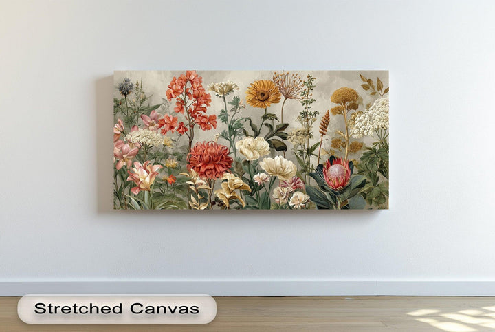 Lush garden inspired canvas art with detailed flowers and natural green foliage

