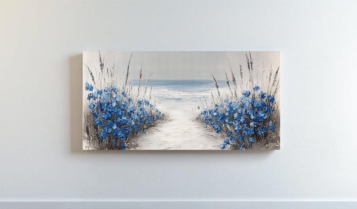 Tranquil Shoreline Path – Blue Wildflowers by the Sea Canvas Print - MyPhotoStation