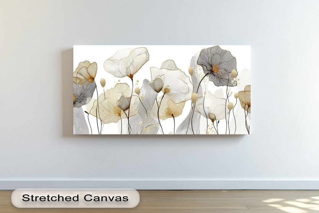 Modern line art floral canvas print with gold black and beige abstract flowers


