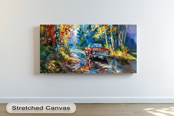 Autumn Drive Through the Forest – Red Muscle Car Canvas Print