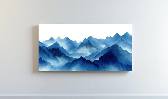 The darkest area of this tranquil horizon hanging canvas features the layered blue mountain landscape canvas print, creating depth in the minimalist art.