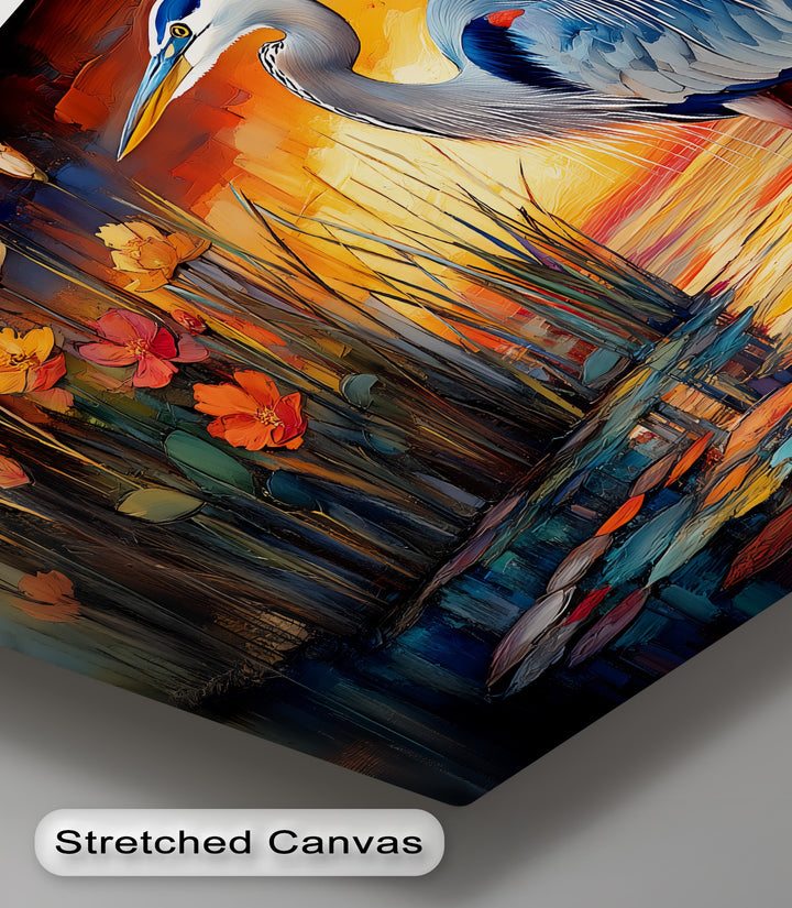 Twilight Heron Among Fire Blooms – Sunset Nature Scene Canvas Print