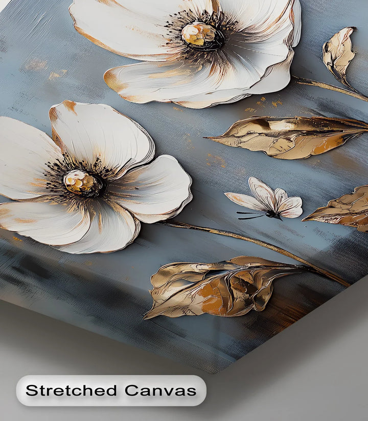 Golden Grace – White Floral Wall Art on Blue Canvas Print - MyPhotoStation