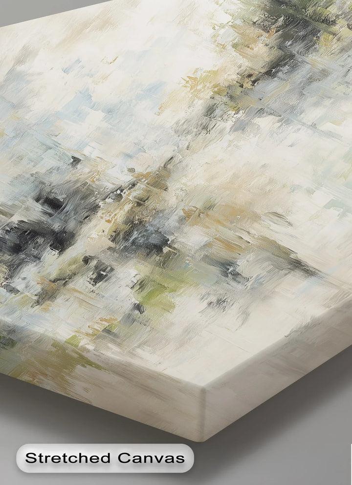 Textured landscape canvas art with beige blue and green color palette


