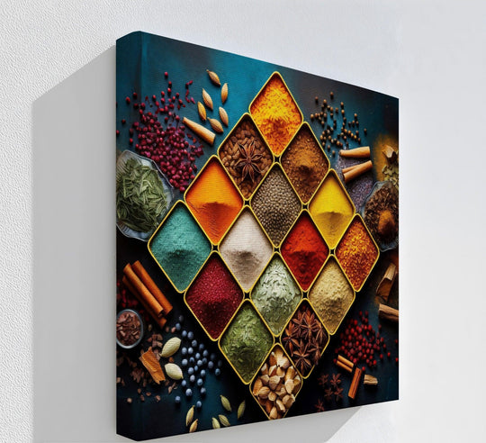 Highlighting the brightest central square, this canvas features canvas art prints in a grid of colorful spices, perfect for kitchen wall decor.