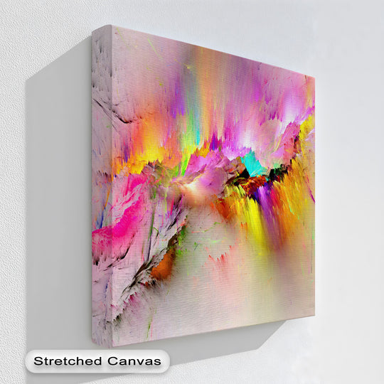 The warm color temperature of this vibrant abstract canvas art print features fiery yellows, pinks, and purples with cool turquoise bursts.