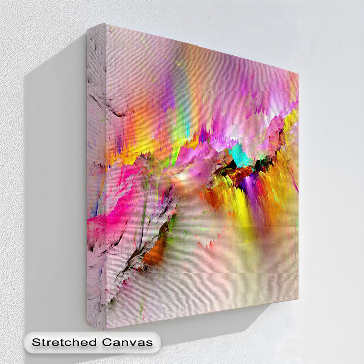 The warm color temperature of this vibrant abstract canvas art print features fiery yellows, pinks, and purples with cool turquoise bursts.