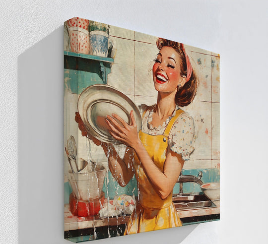 Visual rhythm repeats in the cheerful retro dishwashing big canvas prints, forming a pattern of vintage kitchen charm with its colors and character.