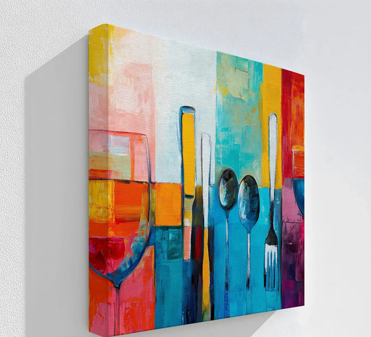 Highlighting the layering effect, this canvas pictures print features a modern table setting with kitchen utensils in bold, vibrant colors creating depth.