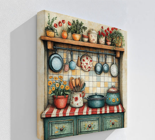 Flowers pop as the loudest element in this rustic cottage kitchen shelf vintage kitchen canvas pictures, displaying colorful pots, hanging utensils, and charming country-style art.