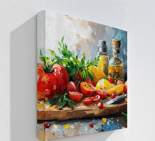 Painterly brushstrokes in the background create depth behind this tomato and olive oil kitchen still life canvas print, making it one of the best canvas prints for your walls.