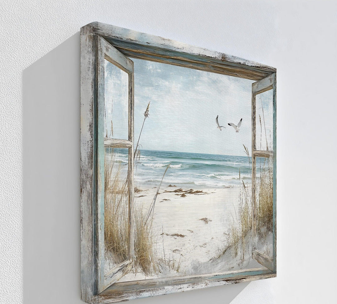 Seaside Escape Through Rustic Window – Kitchen Canvas Art - MyPhotoStation