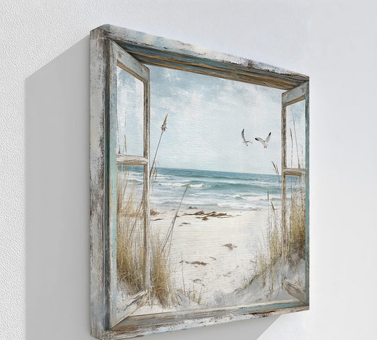 Color transition defines the rustic window of this kitchen framed canvas art, showcasing the calming shift from sandy beach to azure sea in a scenic seaside escape.