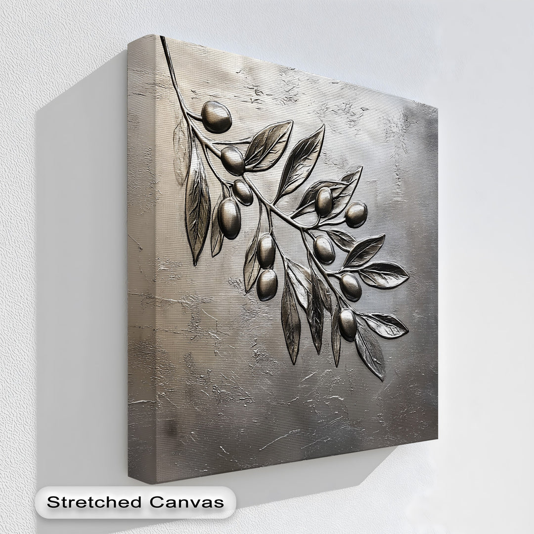 Admire the realistic detail of this elegant silver olive branch canvas print, a textured botanical design, among the best canvas prints.