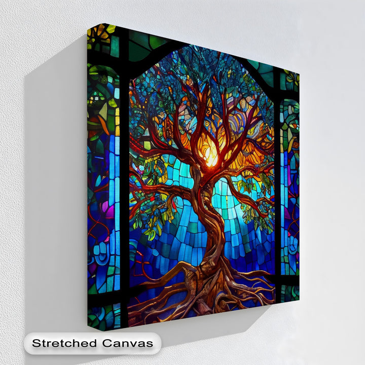 Highlighting fluid color transitions, this stained glass tree canvas wall art shifts from rich blues and greens to glowing, warm oranges.