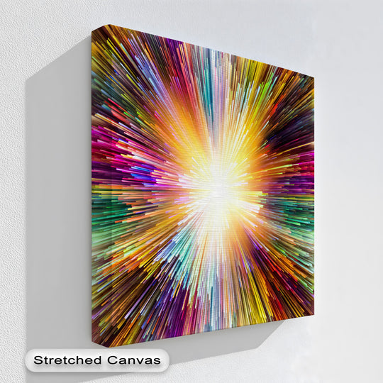 Foreground detail reveals a textured unique canvas print featuring a vibrant light burst of colorful abstract energy radiating outward.