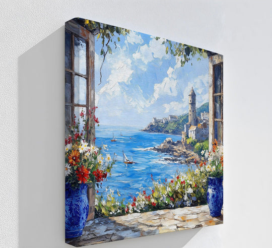 Deep shadows accentuate the textured details of this Mediterranean view through the terrace canvas art prints, highlighting the sunlight dancing on the coastal scene.