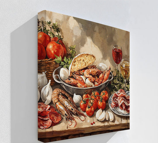 Foreground detail highlights the prawns, tomatoes, and garlic on the wooden surface of this premium canvas decor Mediterranean Delights gourmet feast kitchen print.