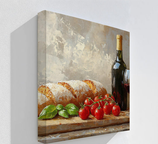 Repeating spherical tomatoes and the loaf's ridges create a pleasant visual rhythm in this kitchen still life unique canvas print with wine and basil.