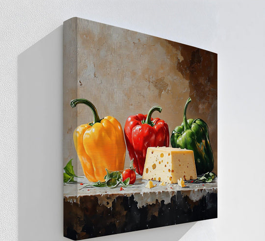 Emphasizing depth and layers, the hanging canvas showcases the rustic kitchen still life, revealing colorful bell peppers and cheese arranged in a striking composition.