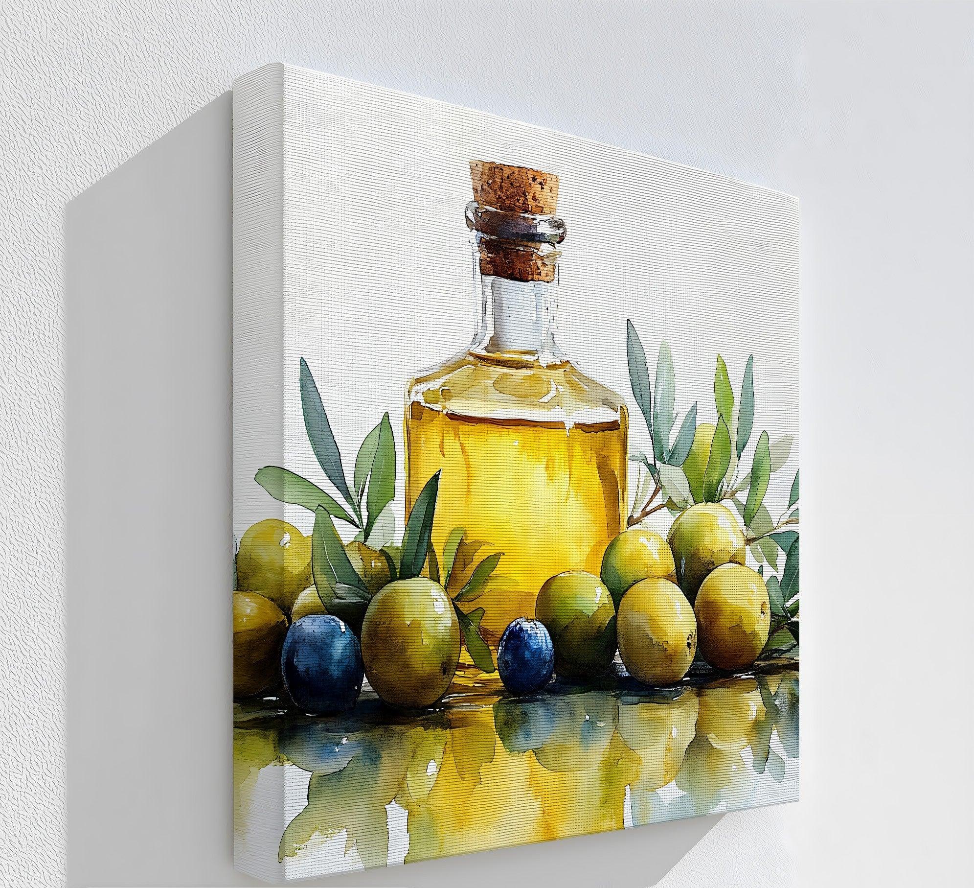 Visual rhythm is created in the Golden Essence canvas painting through the repetition of olive shapes and reflective elements characteristic of canvas painting.