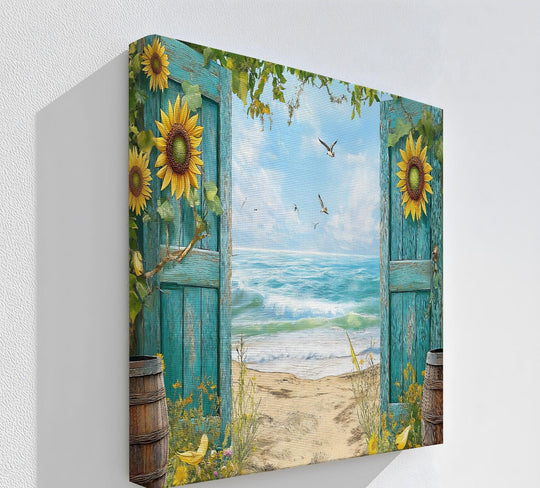 Vibrant color saturation enhances the coastal beach scene kitchen canvas painting, highlighting the weathered door, sunflowers, and ocean view.