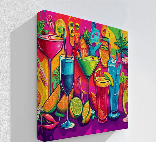 Brightest area of this vibrant tropical cocktail party canvas art focuses on the yellow hues, adding a lively touch to your canvas art collection.