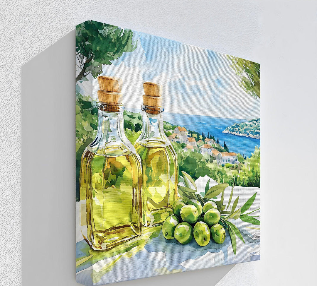 Mediterranean Harvest – Olive Oil Bottles Kitchen Canvas Print - MyPhotoStation