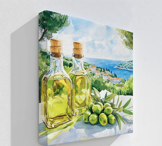 Two olive oil bottles with cork stoppers and fresh olives create a vibrant Mediterranean scene, enhanced by the best canvas prints.