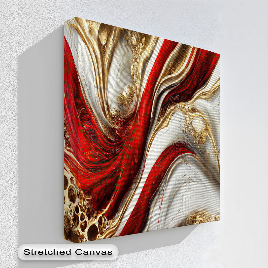 A textured white wall serves as a clean backdrop for a luxury abstract Red Gold Marble premium canvas decor, casting a soft shadow.