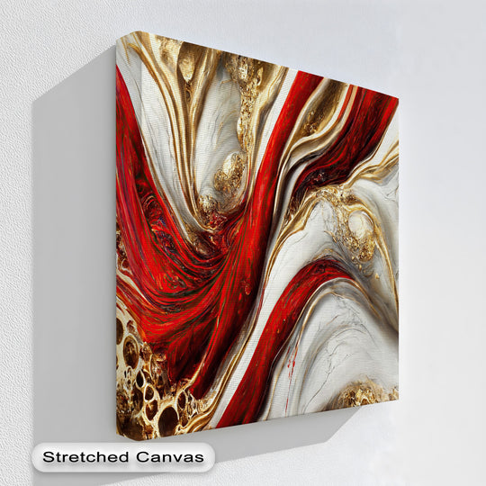 A textured white wall serves as a clean backdrop for a luxury abstract Red Gold Marble premium canvas decor, casting a soft shadow.