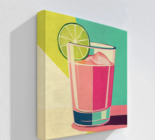 Geometric yellow and teal premium canvas decor forms a striking backdrop for the refreshing pop art pink lemonade print.