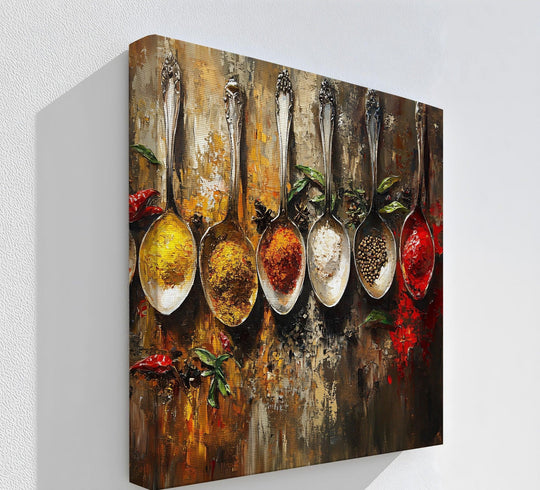 Subtle negative space surrounds the spoons filled with colorful spices, creating a visually appealing modern canvas art prints on this kitchen-themed canvas print.