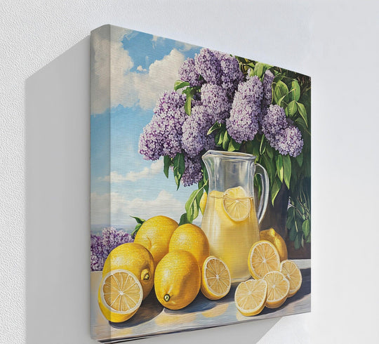 The canvas art has a darkened corner contrasting against the bright lemonade, lemons, and lilac blossoms, highlighting the Summer Lemonade Charm kitchen canvas print.
