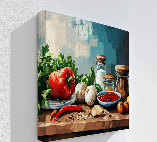 Dominated by warm reds, browns, and greens, this kitchen canvas print showcases rustic kitchen essentials to create big canvas prints perfect for a colorful farmhouse aesthetic.