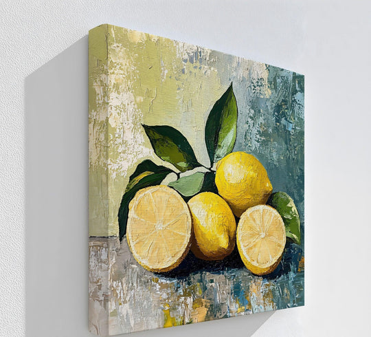 The realistic detail of this vibrant lemons still life showcases the texture and depth of the high quality canvas prints, perfect for adding a touch of color to your kitchen.