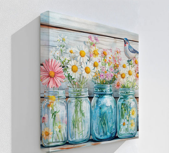 Dominant whites and blues highlight this canvas print of spring wildflowers in mason jars, creating appealing canvas pictures for a cottagecore kitchen.