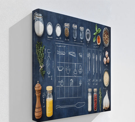 With deep color saturation, the chalkboard-style kitchen canvas painting art features sketched kitchen tools and herbs on a dark canvas background.