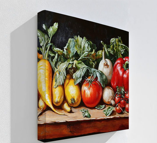 Angled rustic vegetable still life kitchen canvas prints showcase the bold geometric pattern of brushstrokes, creating big canvas prints that add visual texture.