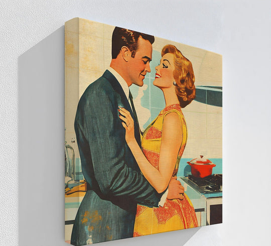 Notice the course surface texture enhancing the depth and visual appeal of this romantic, vintage-style kitchen canvas artwork featuring a retro couple.