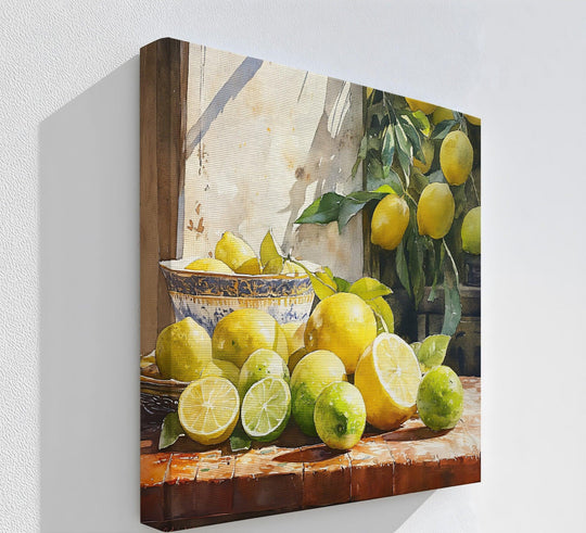 Showcasing the abstract quality of the sunlit citrus still life, the framed canvas utilizes color blocking to give a dynamic rendition of lemons and limes.