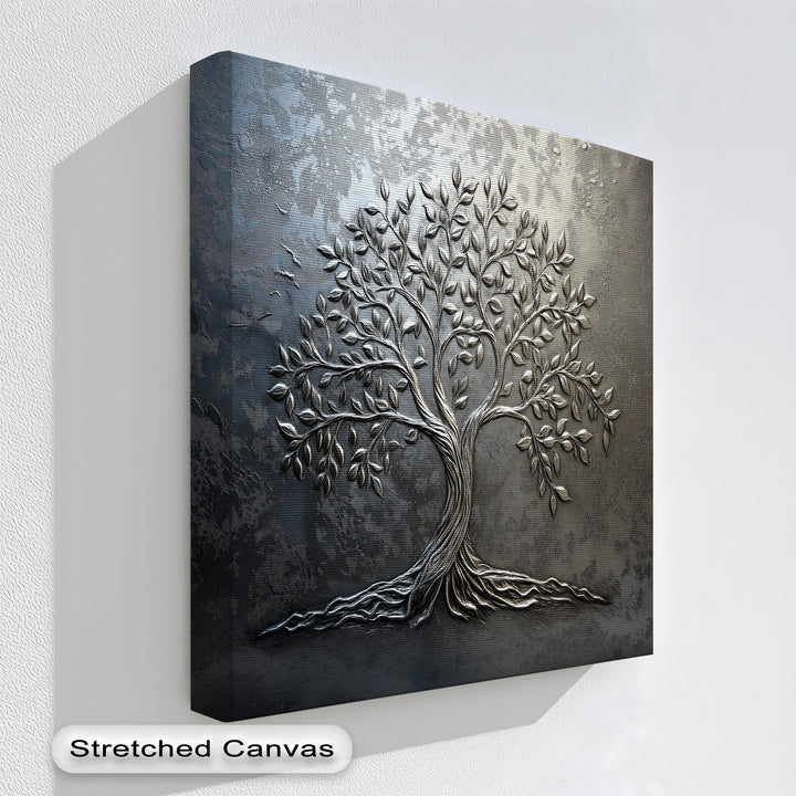 The cool color temperature of this big canvas prints piece highlights a metallic silver tree on a dark charcoal textured background.