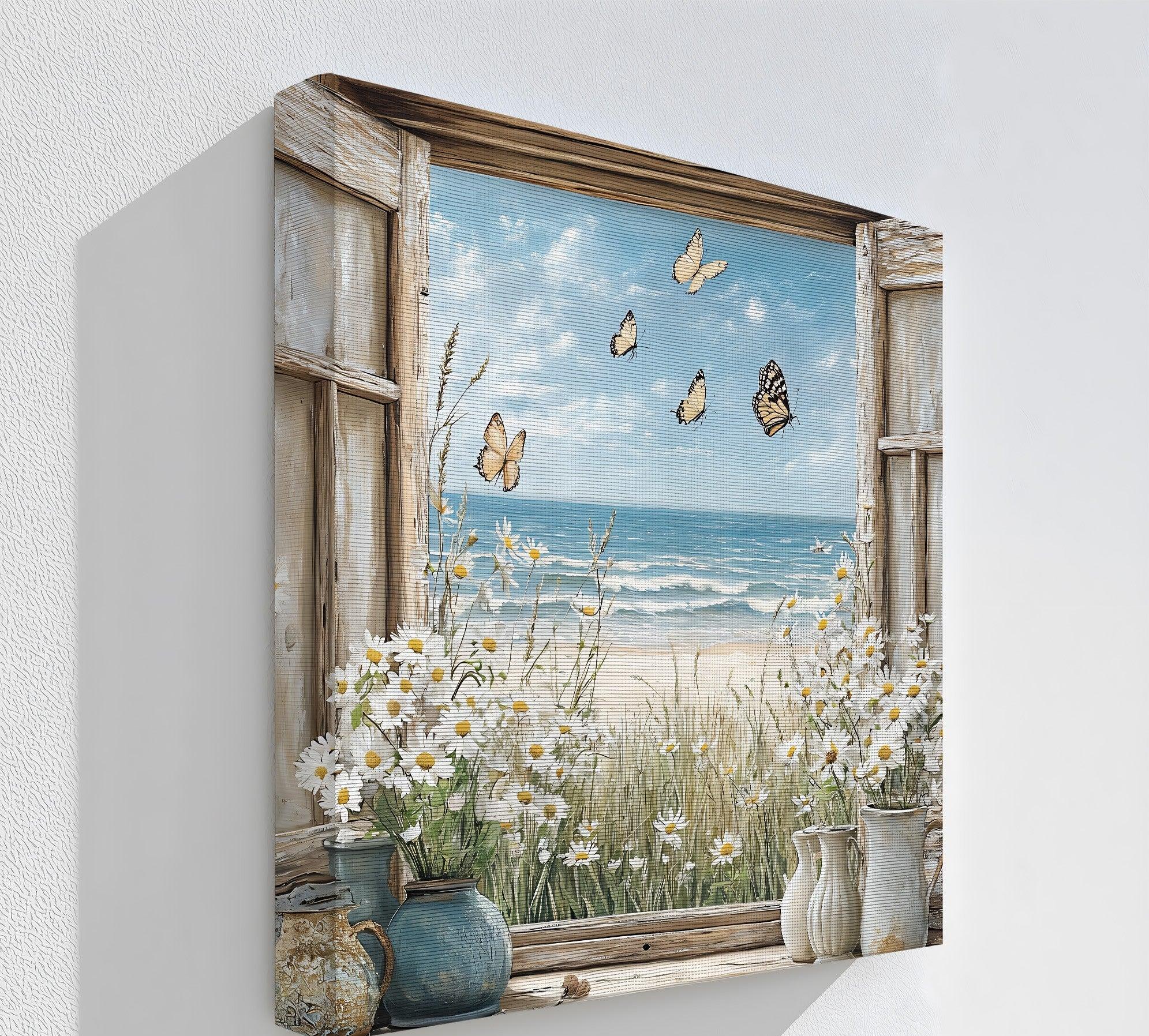 Butterflies by the Shore – Vintage Window View Kitchen Canvas Print - MyPhotoStation
