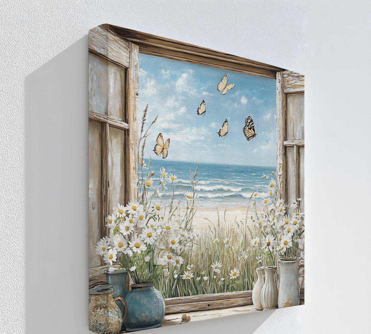 Butterflies flutter freely in this kitchen canvas pictures print, capturing the breezy movement through a vintage window overlooking a wildflower-lined shore.